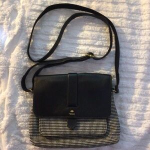 Fossil crossbody small purse in leather and black/white fabric